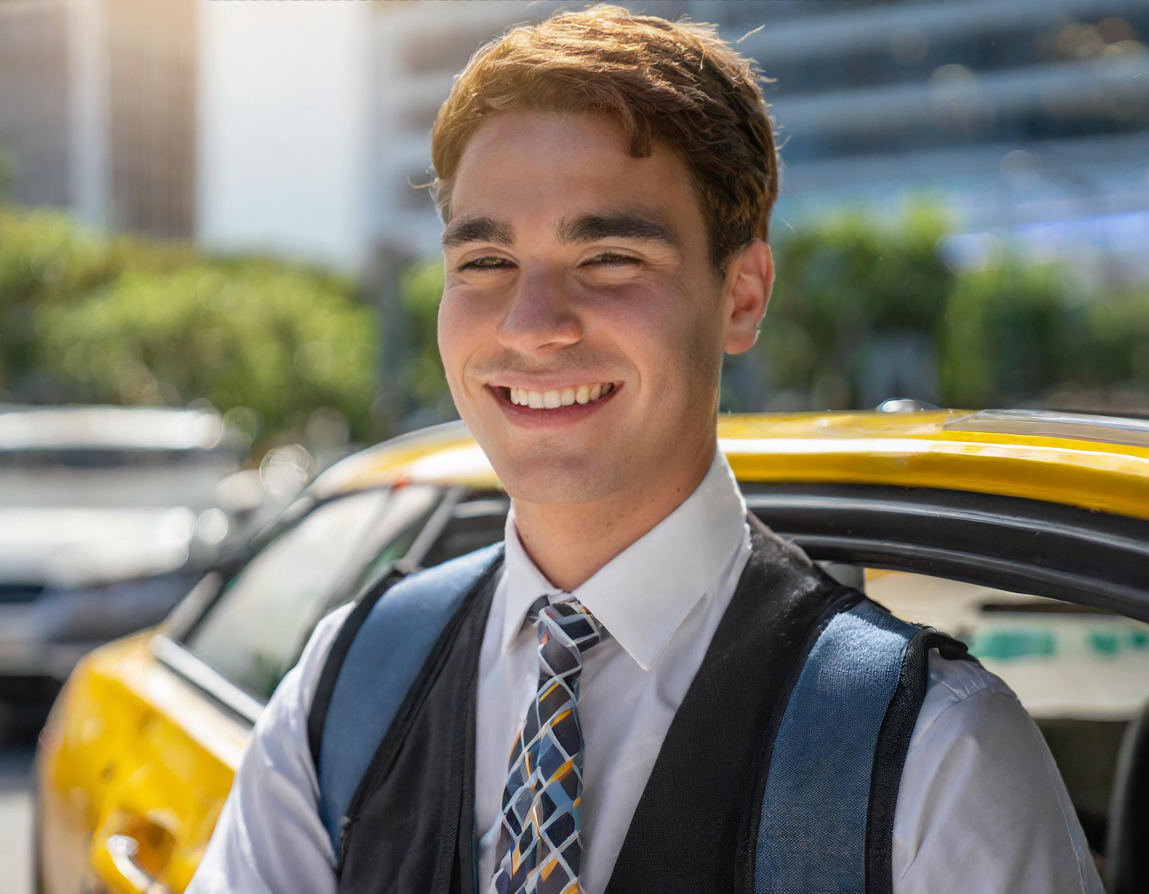 Zufriedene Geschäftskunden, die vor einem neu gekauften Fahrzeug stehen.